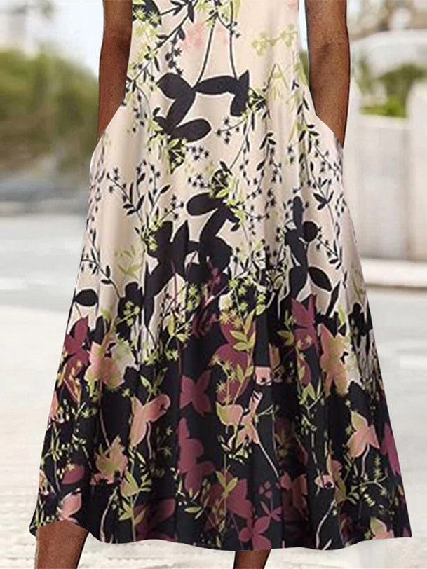 Women's Short Sleeve Scoop Neck Graphic Floral Printed Midi Dress