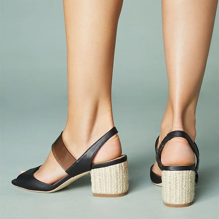 Black Chunky Heel Sandals Peep Toe Slingback transparent Strap |FSJ Shoes