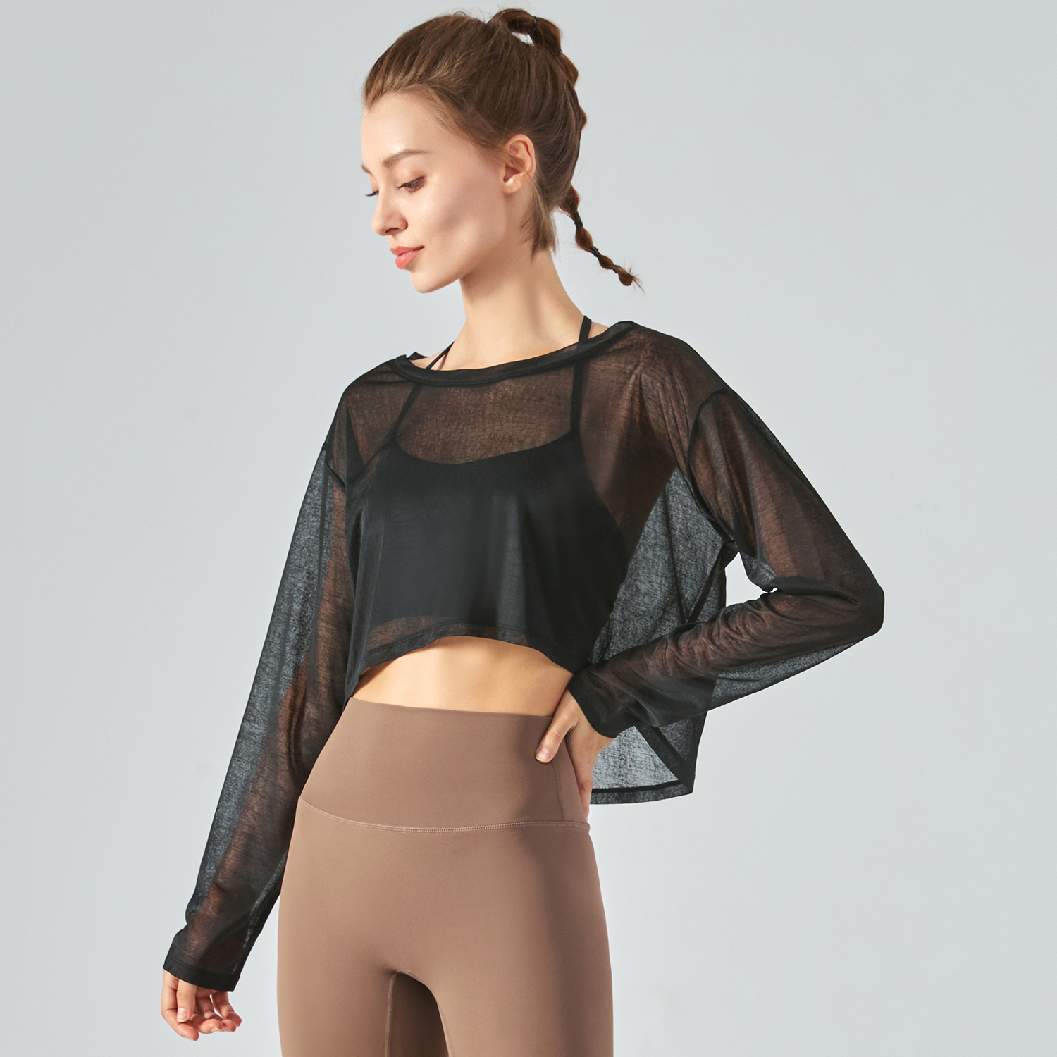 Different types of moth yarn antistatic yoga smock see through gym t-shirt online shopping on Hergymclothing