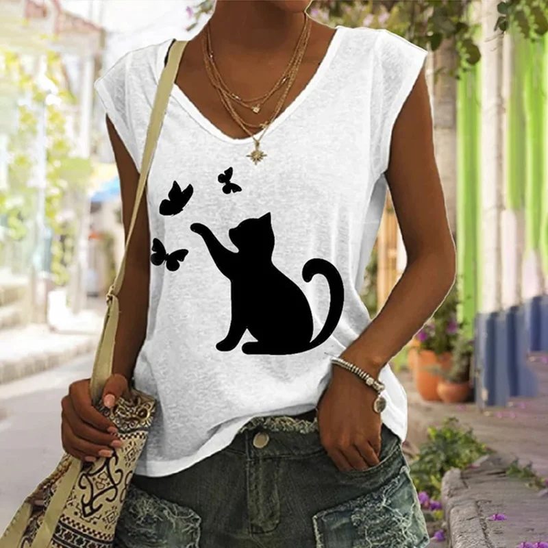 Cute Cat Catching Butterfly Print Tank Top