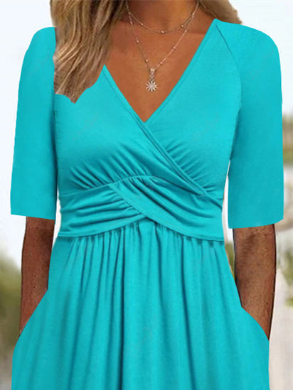 Women Half Sleeve V-neck Solid Color Dress