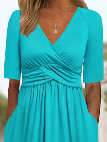 Women Half Sleeve V-neck Solid Color Dress