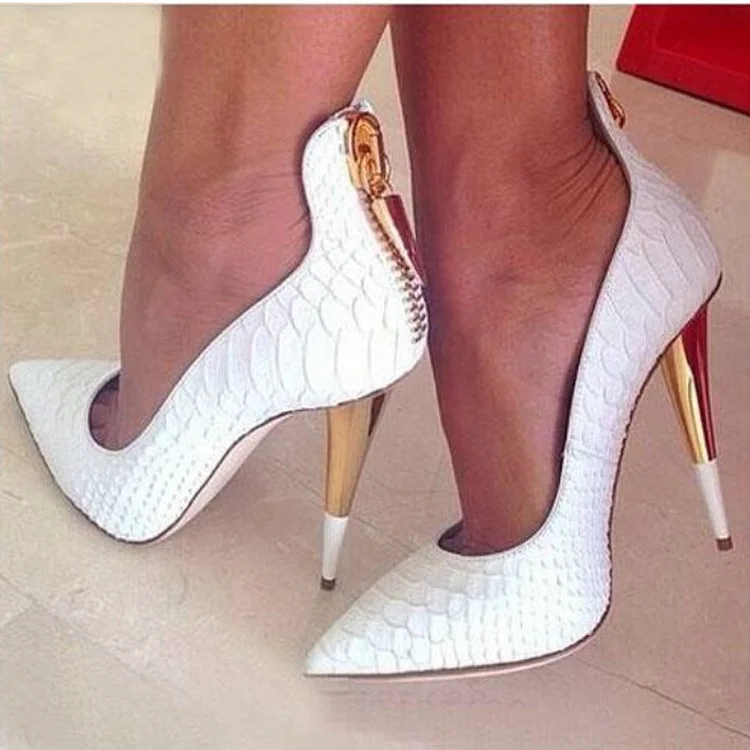 White Snake Embossed Pointed Toe Zipper Cone Heel Pumps for Women |FSJ Shoes