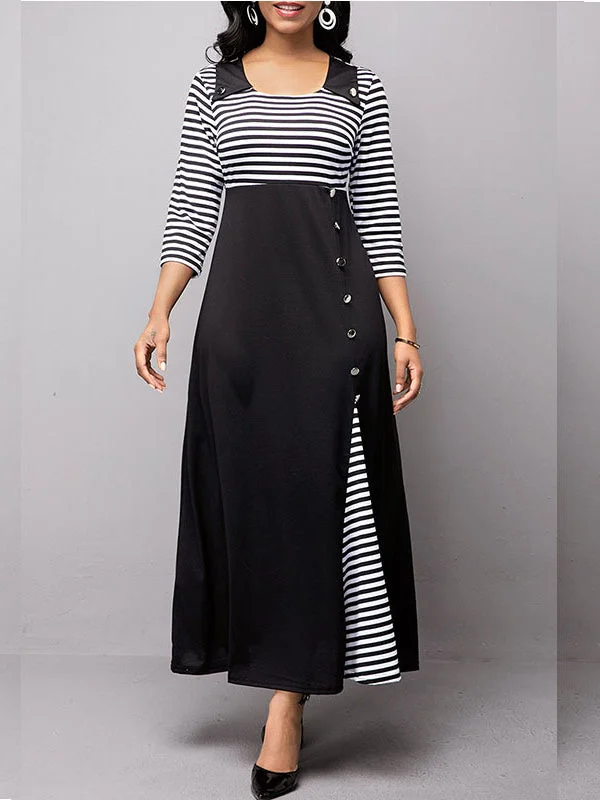 Women's Long Sleeve Scoop Neck Graphic Striped Midi Dress