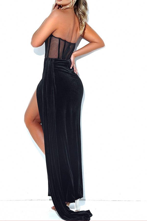 Elegant Strapless Bandeau Maxi Dress with Vibrant Resort Print