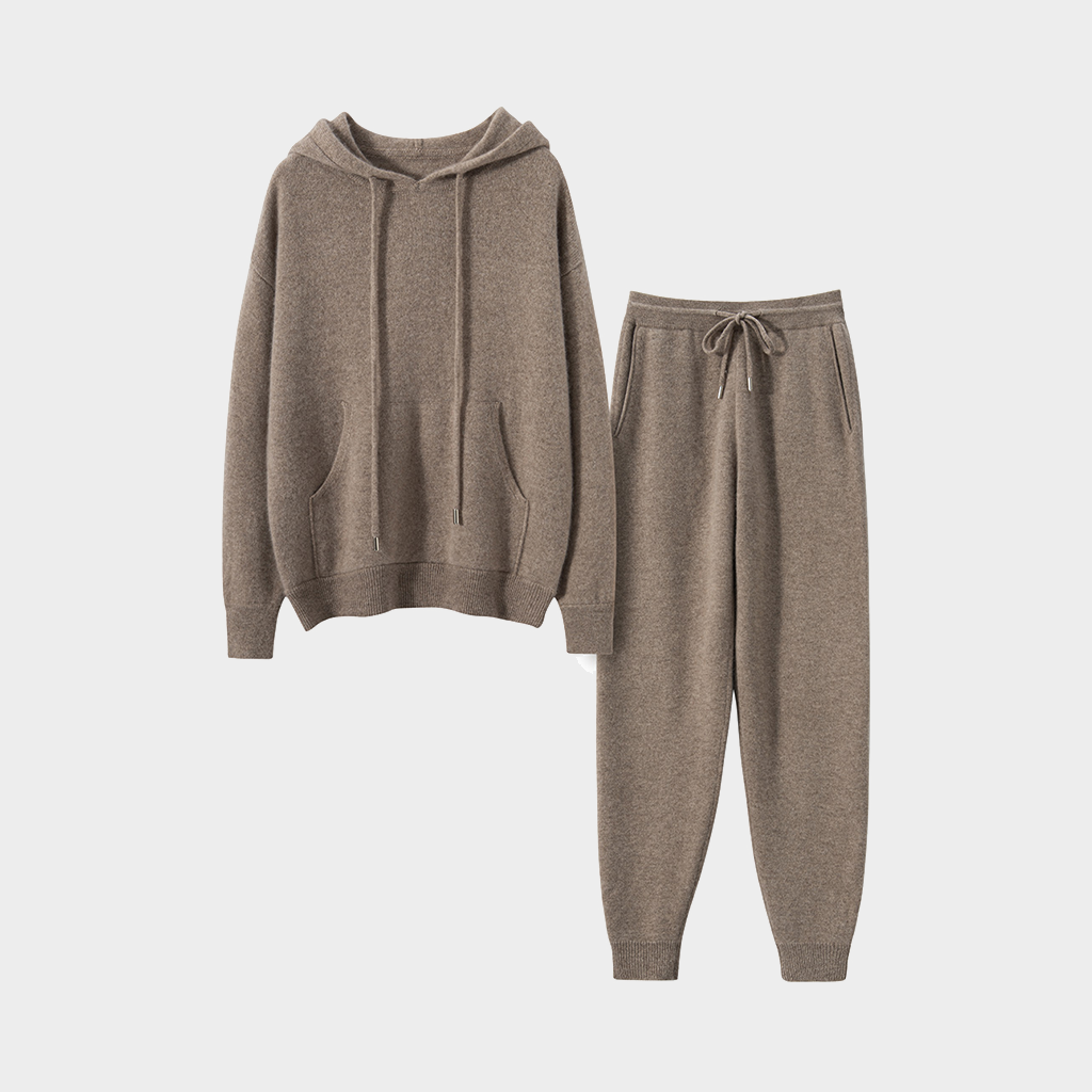 Women's Modern Minimalist Taupe Cashmere Hoodie and Pants Set | Luxurious Pure Cashmere REAL SILK LIFE