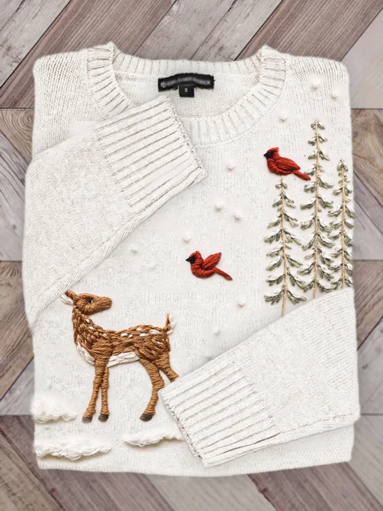Forest Deer & Cardinals Snowy Embroidered Cozy Sweater