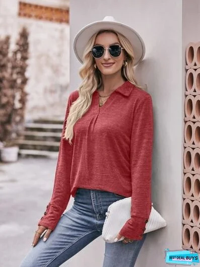 Decorative Button Johnny Collar Long Sleeve Blouse