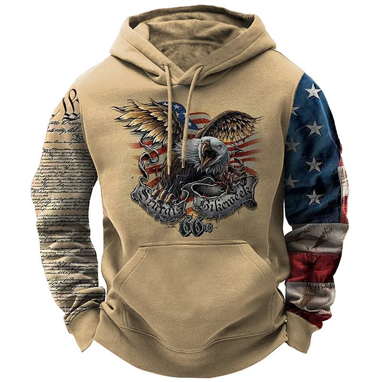Men's Vintage American Flag Print American Eagle Pocket Hoodie 72ad