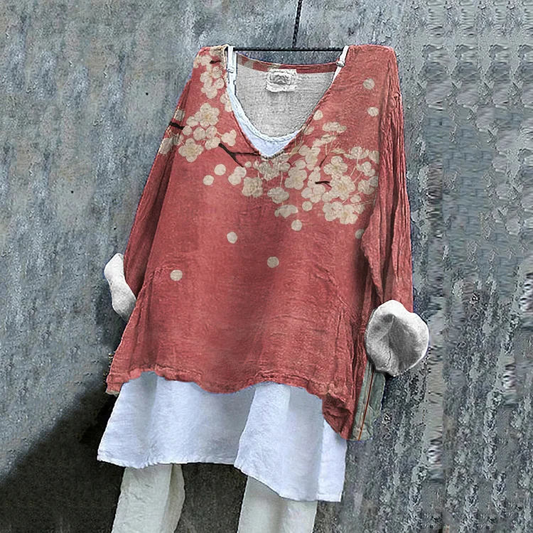 Comstylish Vintage Japanese Art Sakura Cotton Linen V Neck Comfy Shirt