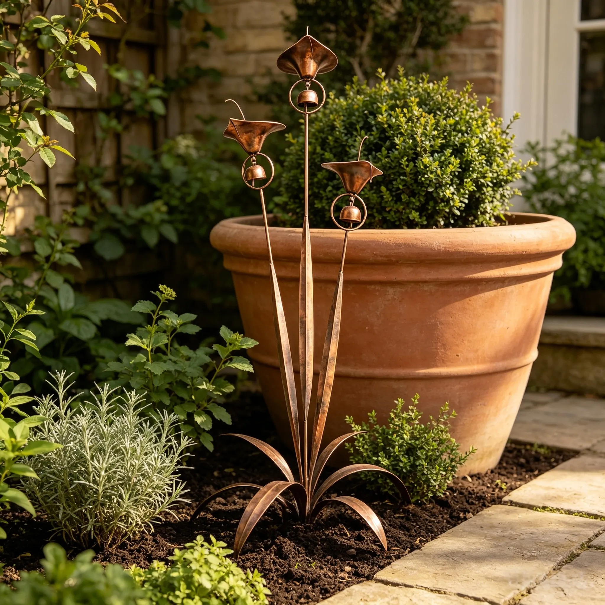 Flamed Copper Three Calla Lilies Garden Stake with Bells, 28" Handcrafted Outdoor Yard Art