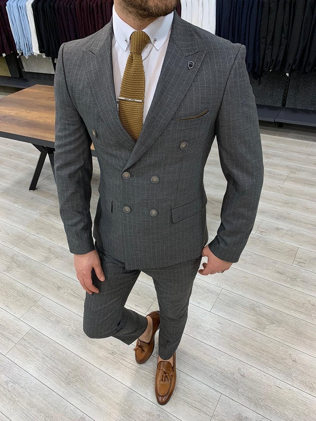 Zapali Gray Double Breasted Slim Fit  Suit