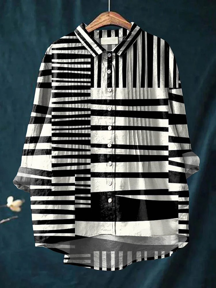 Women's Abstract Geometric Pattern Art Print Casual Cotton And Linen Ruffle Shirt