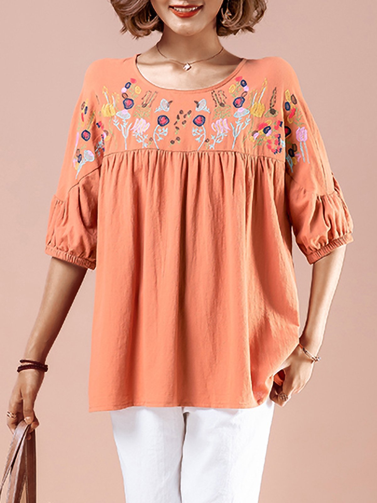 Plus Size Women Embroidered Round Neck Half Sleeve Loose Casual Cotton Shirt Tops