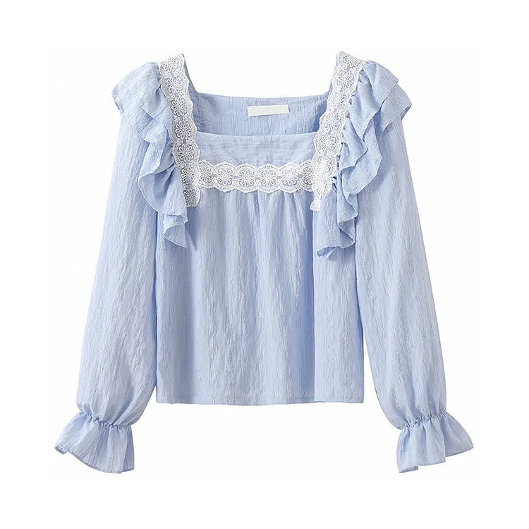 Sqaure Collar Flouncing Loose Shirt High Waist Pleated Skirt - Modakawa modakawa