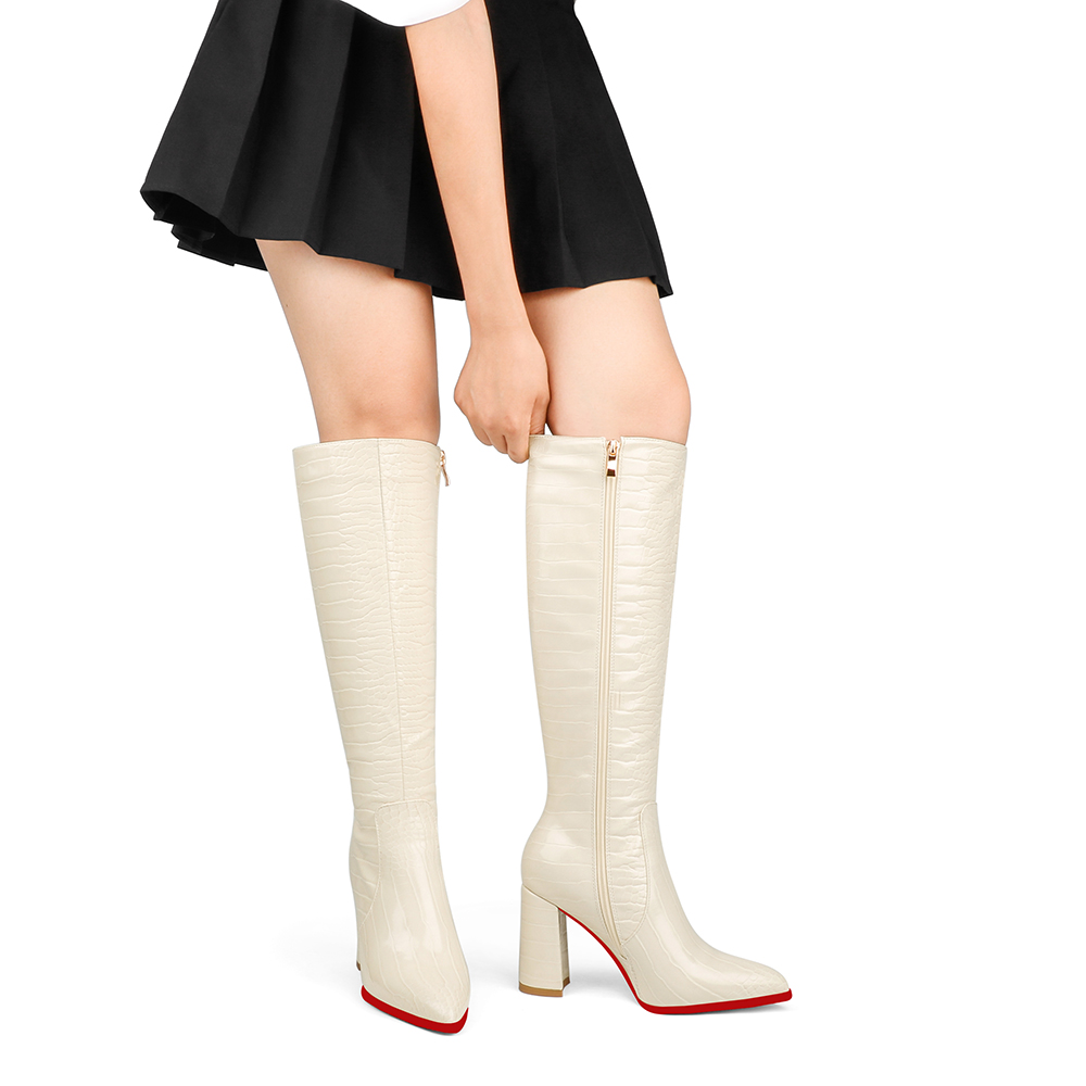 95mm/3.75 inches Fashionable zipper crocodile pattern high heels knee-high boots thick heel pointed toe red bottom boots-vocosishoes