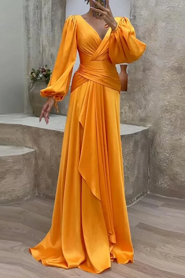 Deep V Neck Lantern Sleeve Wrapped Pleated Hem Gowns Maxi Dresses-Orange