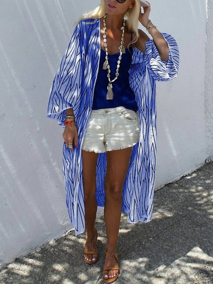 Striped Collarless 3/4 Sleeves Striped Long Cardigan