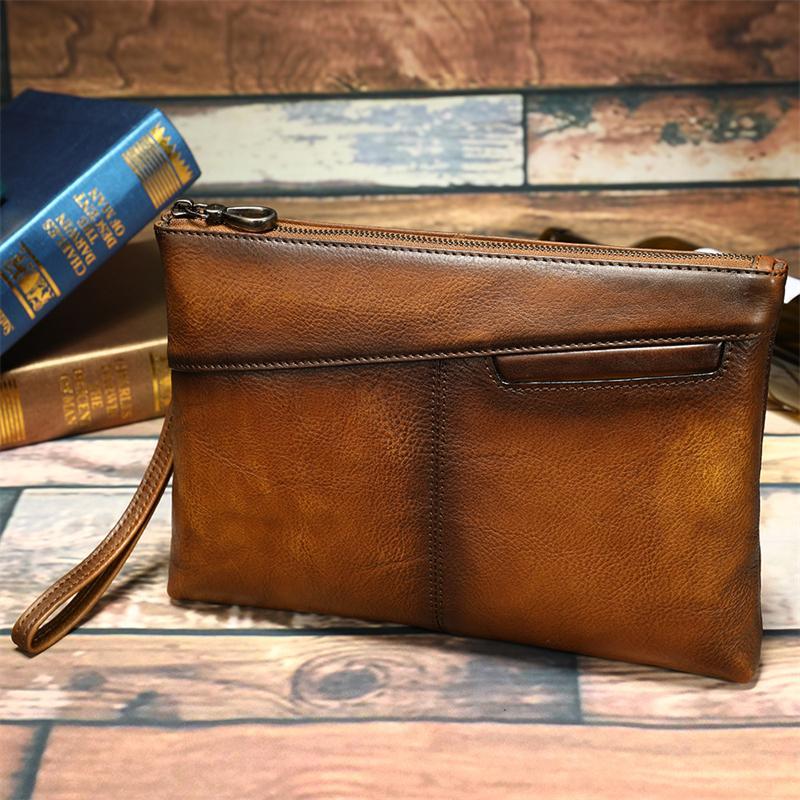 Simple Leather Casual Solid Color Zipper Design Business Clutch