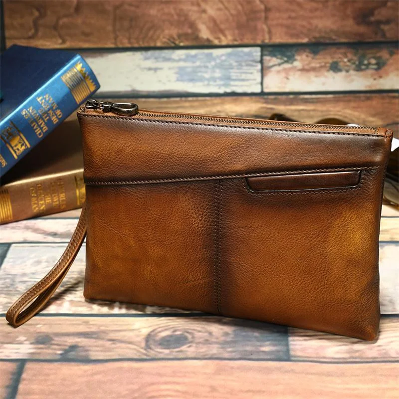 Simple Leather Casual Solid Color Zipper Design Business Clutch