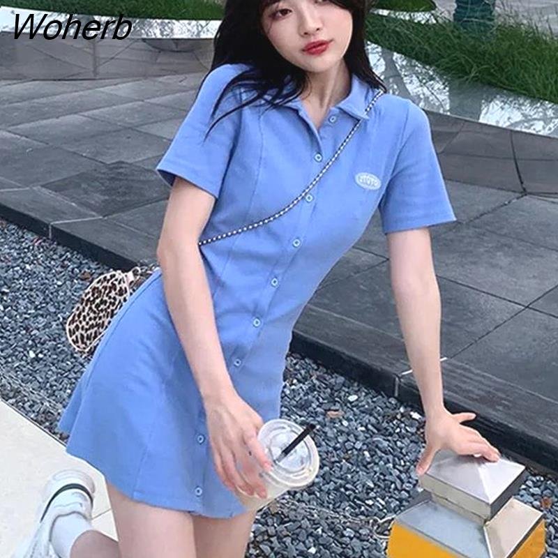 Woherb Sleeve Dress Women Solid Simple All-match Single Breasted Sexy Mini A-line Dresses Streetwear Korean Style Ins Chic Girls