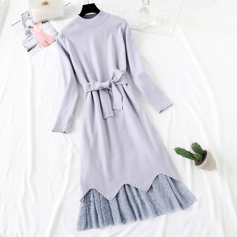 2020 New Autumn winter Knitted dress Women Casual Long Sleeve Sweater Tops + Lace Gauze Skirt Two Piece Suit Bandage Dress