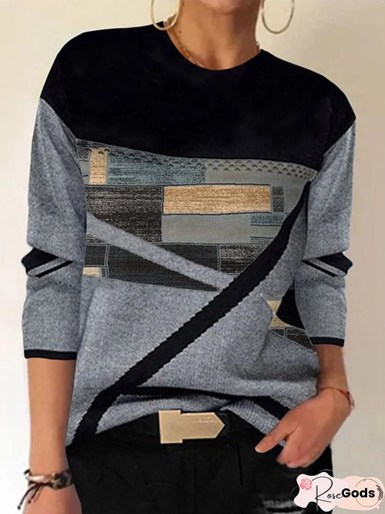 Grid Casual Crew Neck Tops