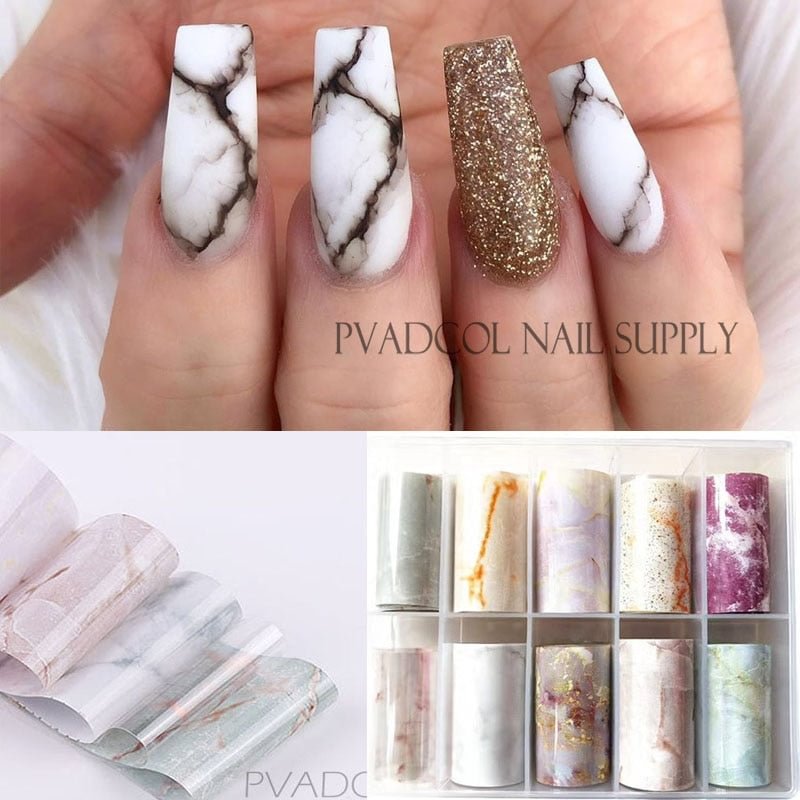 10 Roll/Box Marble Nail Foil Stickers Transfer Decals Water Adehesive Paper Wraps Tips Slide Nail Art Decorations