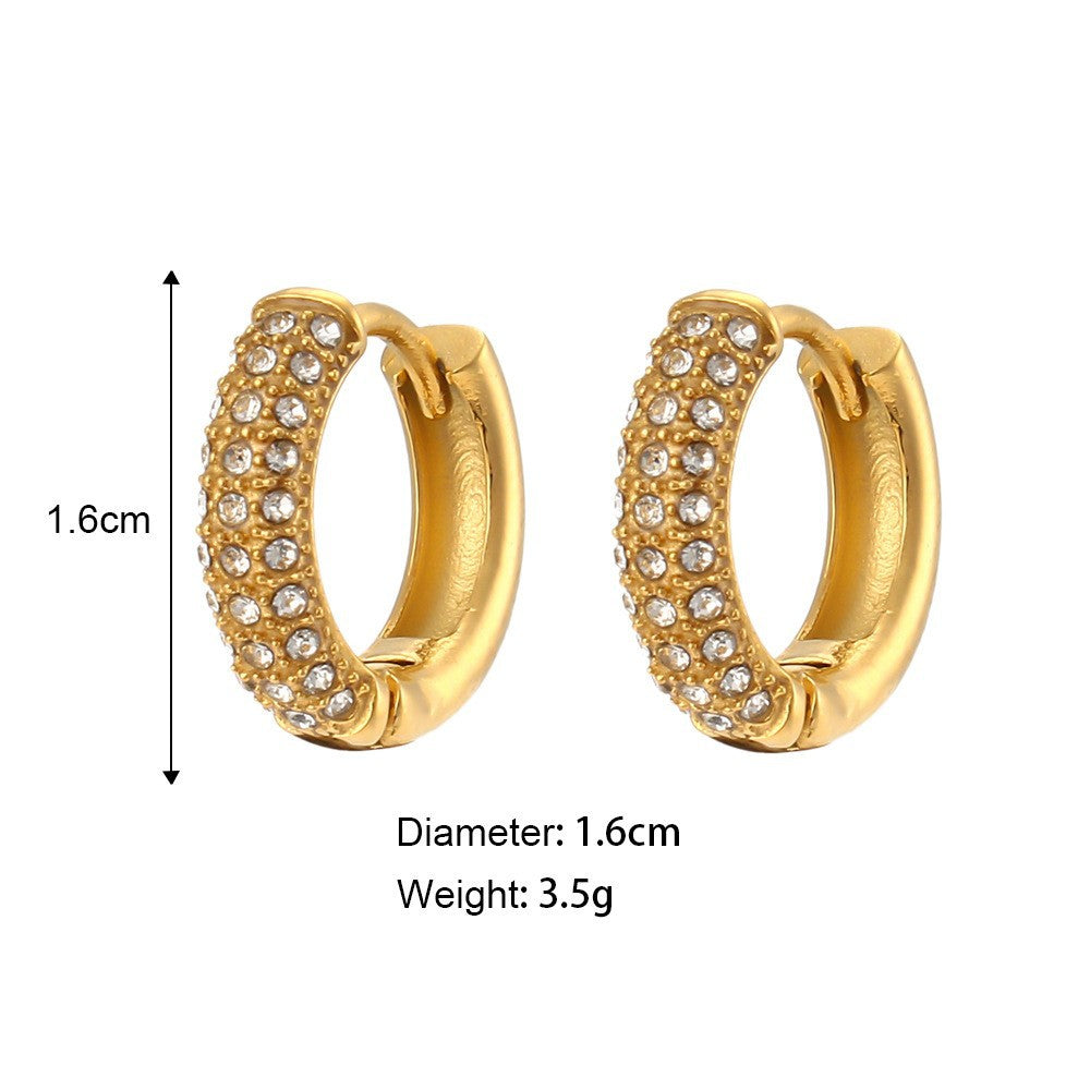 Hot Sale Simple Versatile Earrings Stainless Steel Plated 18K Gold Full Diamond Zircon Round Earrings For Women