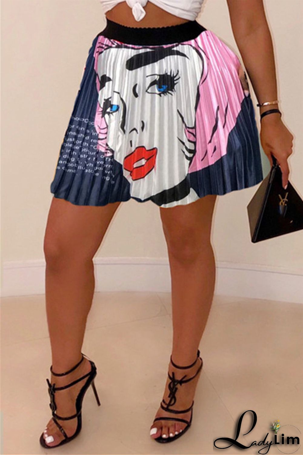 Pink Fashion Casual Print Patchwork Regular High Waist Pleated Skirt