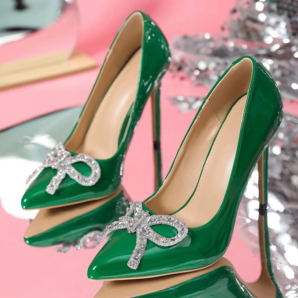 Green Patent Leather Pointed Toe Rhinestone Bow Decor Pumps Shoes Nicepairs