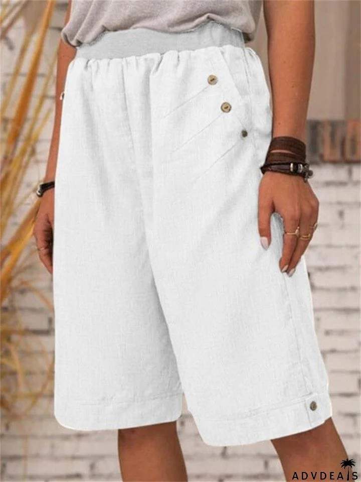 Loose Button-Decorated Elastic Waist Straight Linen Shorts