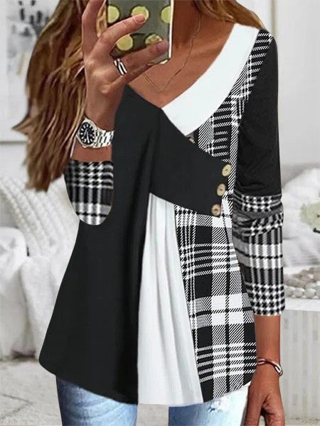 Women Long Sleeve V-neck Plaid Stitching Tops