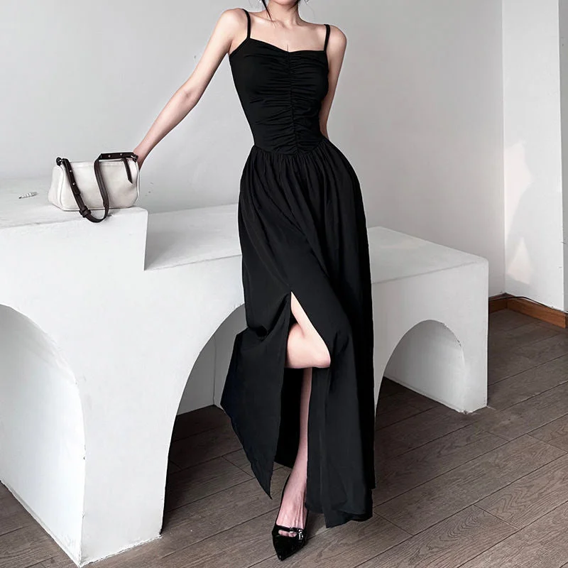 huibahe Dress Femininity Sexy Waist Closed Black Pleat Stitching High Slit Long Skirt Evening Gown