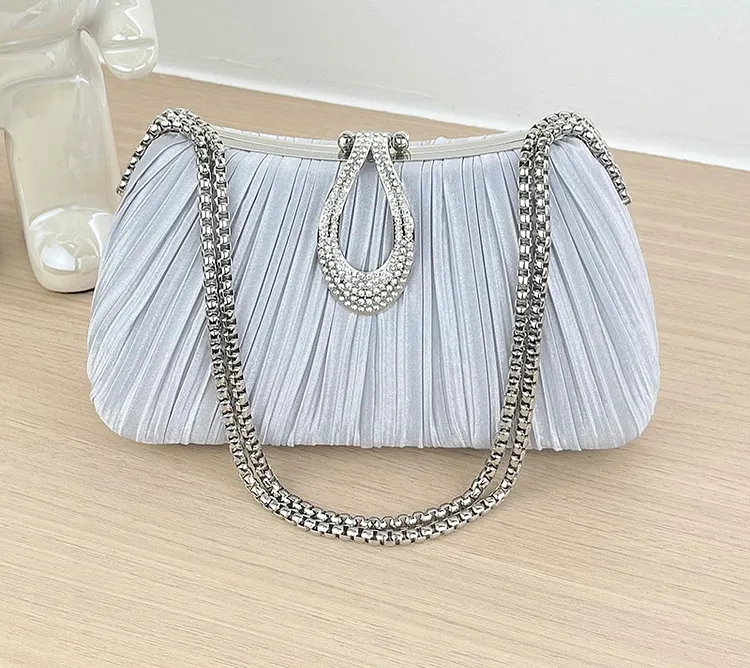 Women's Pleated Evening Clutch &ndash; Teardrop Buckle Chain Bag, Elegant Party Wedding Shoulder Bag