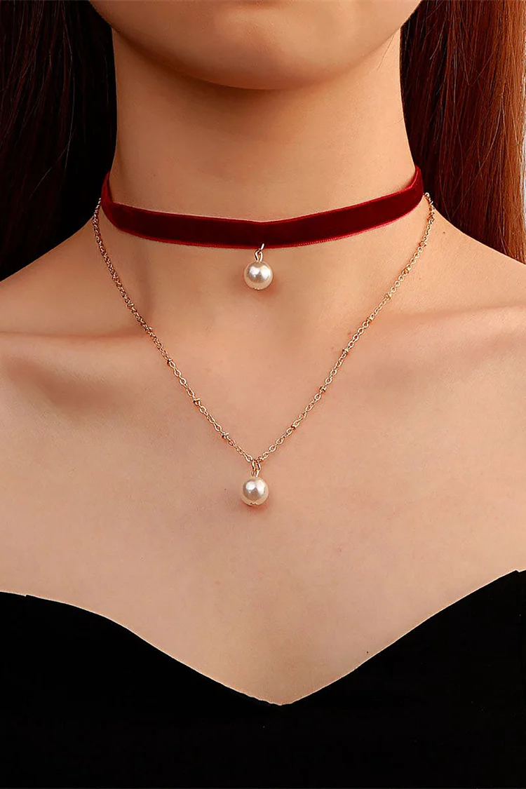Pearl Velvet Choker Pendant Layered Necklace