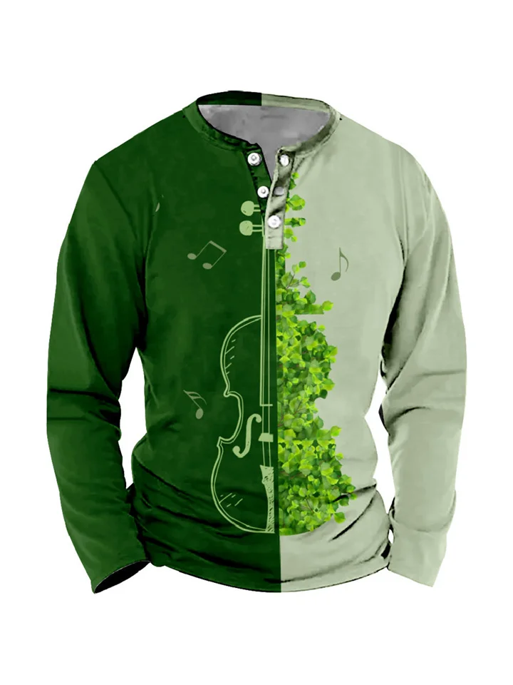 Solid Color Casual Sports St. Patrick's Printed T-Shirt Men's 3 Button Half Placket Top Long Sleeve Round Neck Printed