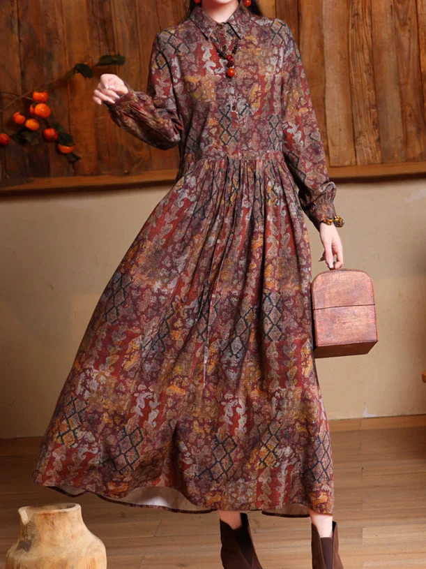 Women's Lapel Retro Floral Long Sleeve Dress