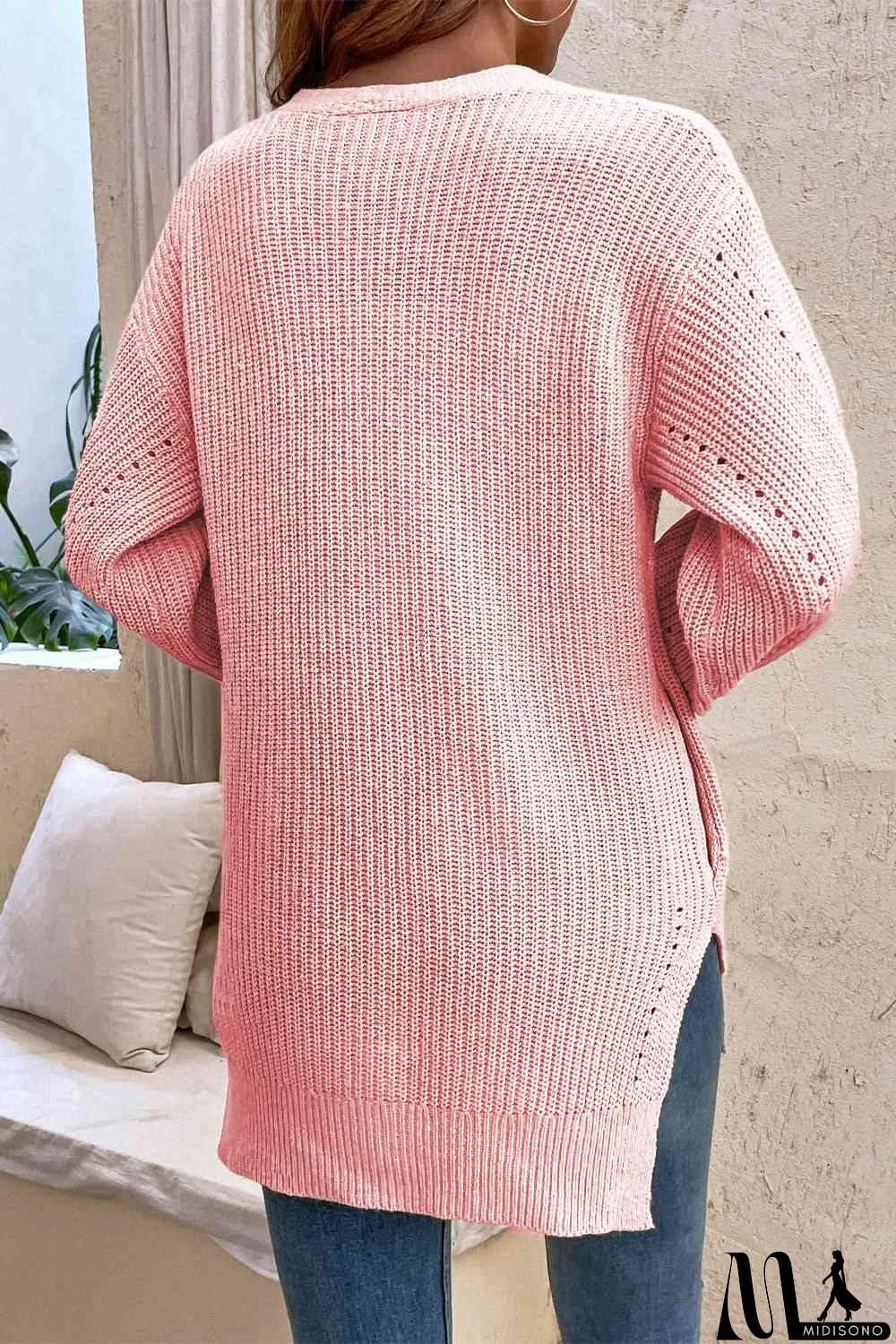 MidiSono - V-Neck Openwork Long Sleeve Cardigan