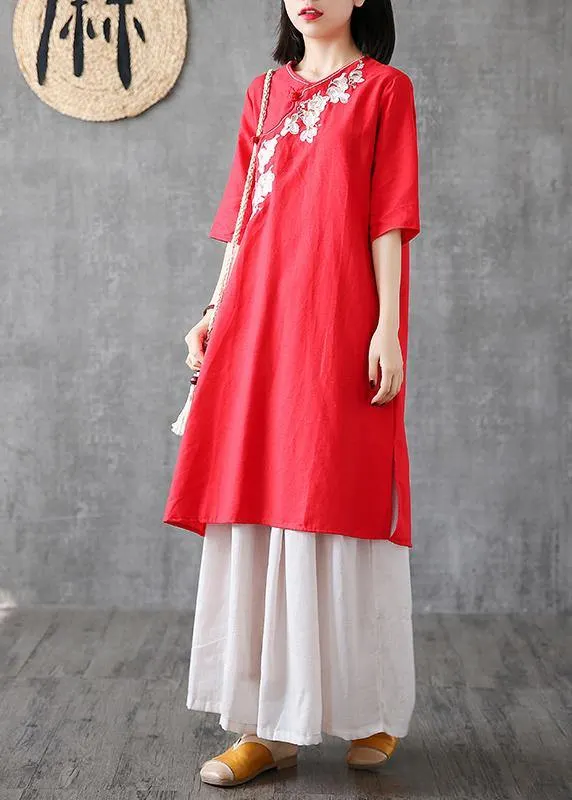 Chic red cotton dresses embroidery Chinese Button short  Dress