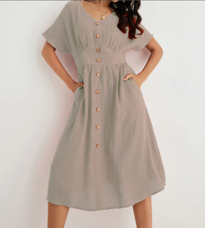 Women's Summer V Neck Button Short Sleeve Pure Cotton Linen Solid Color Insert Pocket Dress socialshop