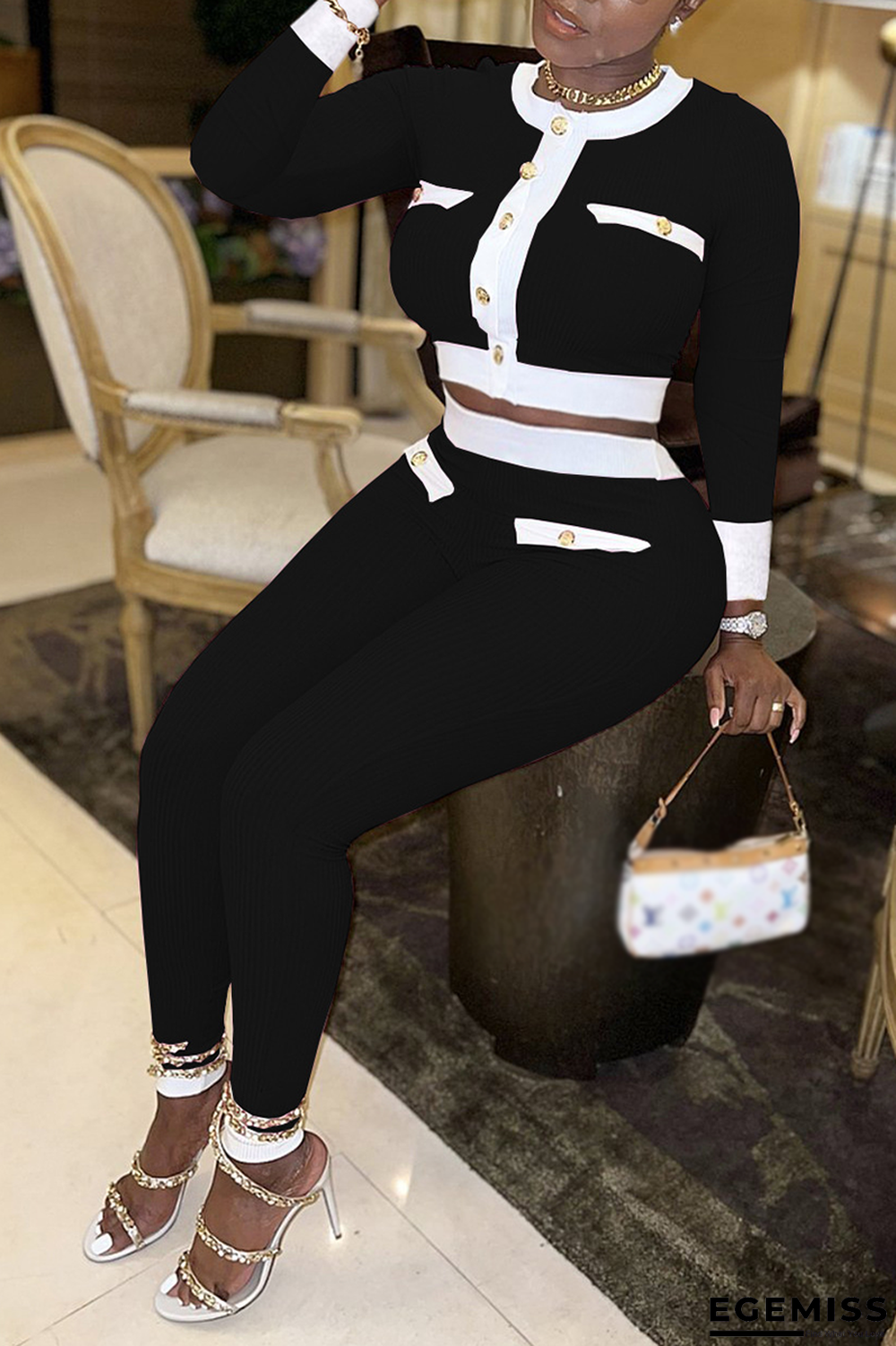 Black Sexy Solid Buckle O Neck Long Sleeve Two Pieces | EGEMISS