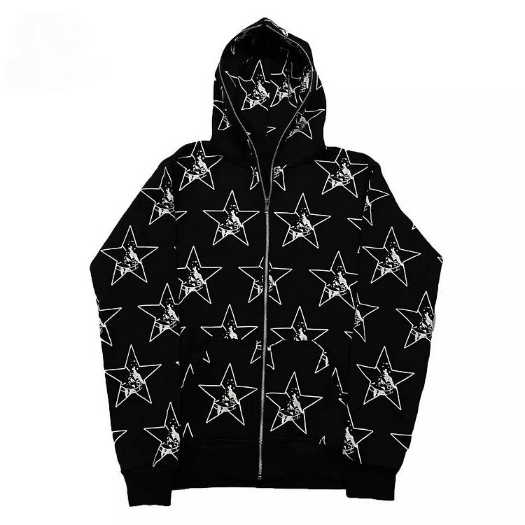 Stars Print Men's Y2K Oversized Full Zip Up Hoodie Coats at Hiphopee