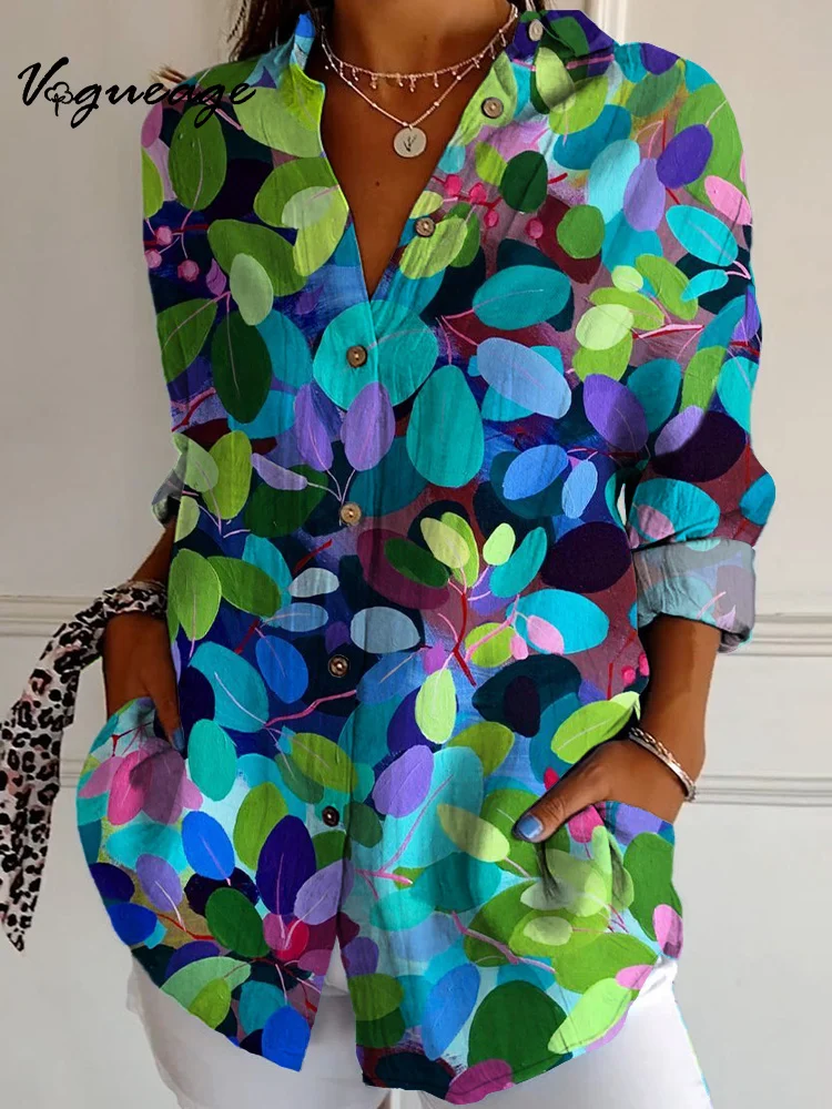 Dark Blue Green Plant Leaves Long Sleeves Printed Cotton And Linen Shirt