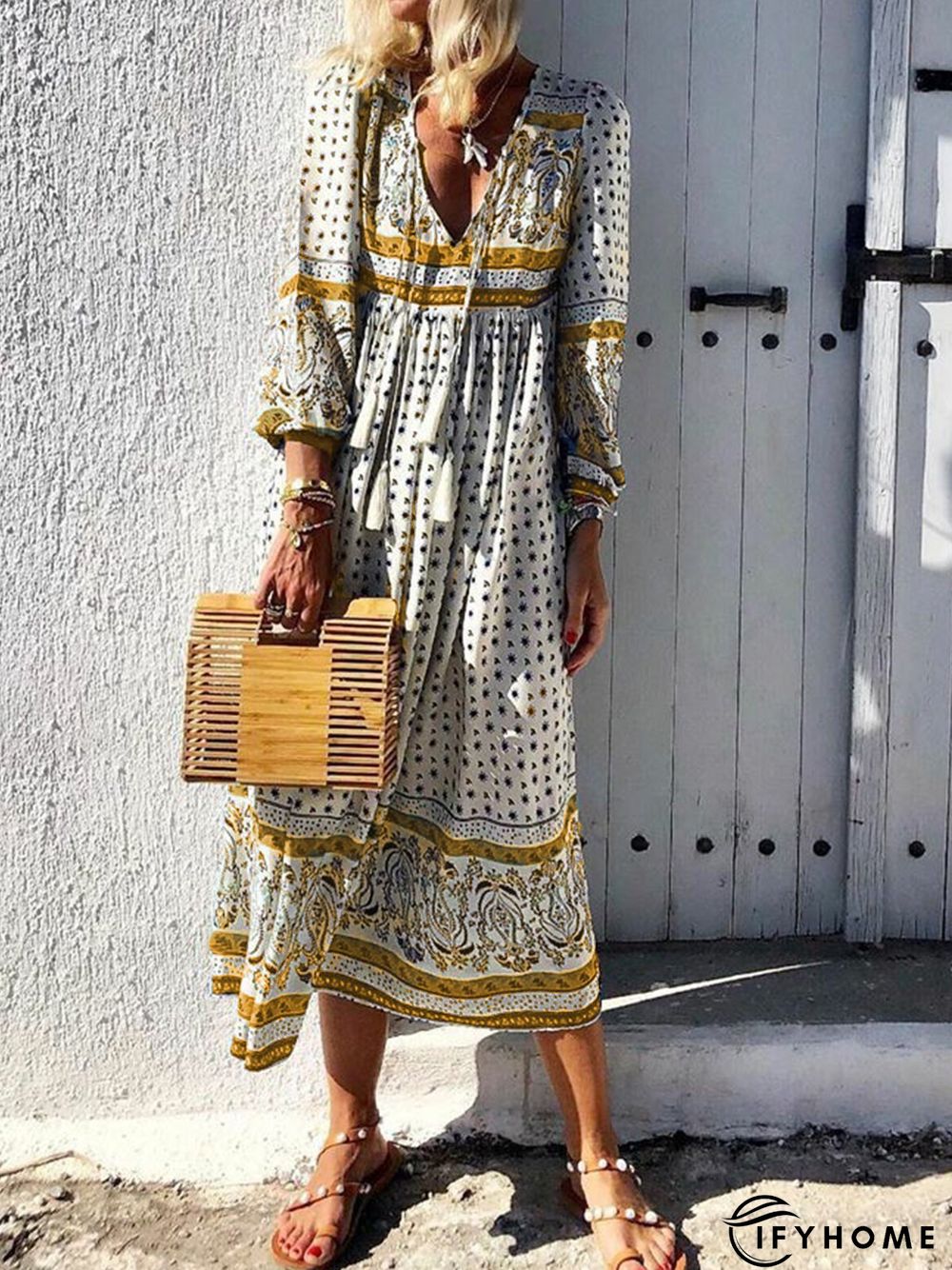 Women Daytime Boho V-Neck Printed Paneled Dress | IFYHOME