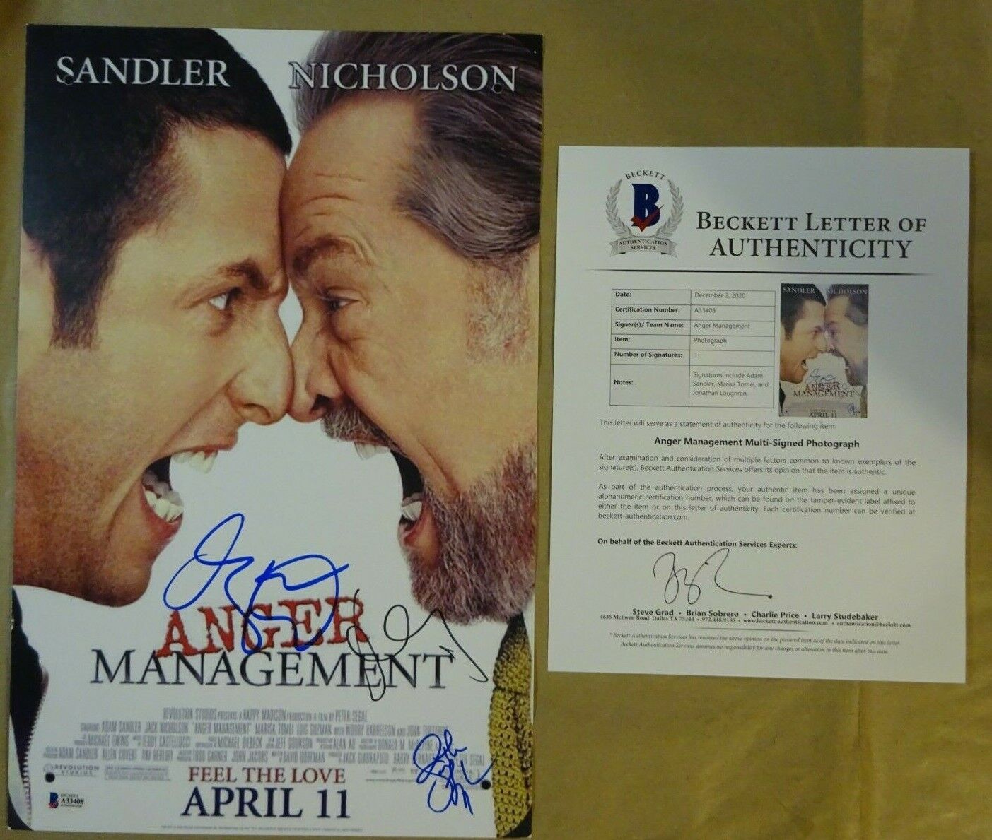 Signed ANGER MANAGEMENT Autographed By 3 11x17