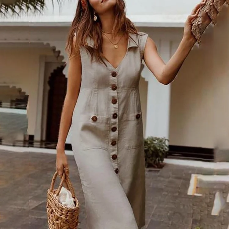 Boho Style Casual Solid Color Sleeveless Midi Plus Size Dress VangoghDress