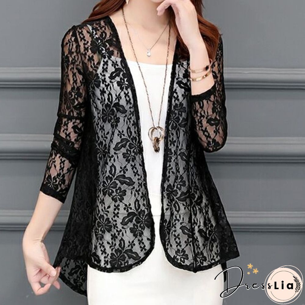 Womens Fashion Lace Cardigans Long Sleeves Solid Color Slim Fit Coat Casual Trench Outwear