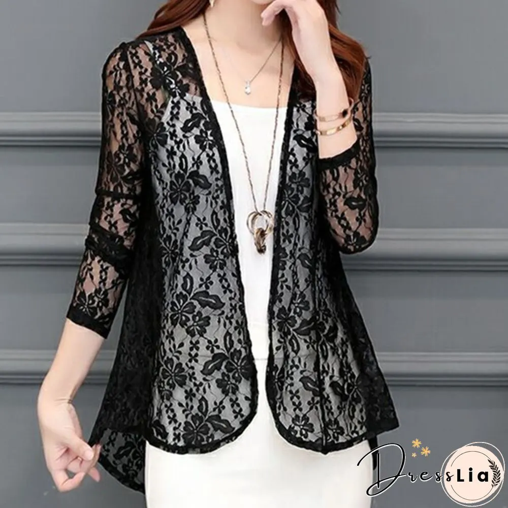 Womens Fashion Lace Cardigans Long Sleeves Solid Color Slim Fit Coat Casual Trench Outwear