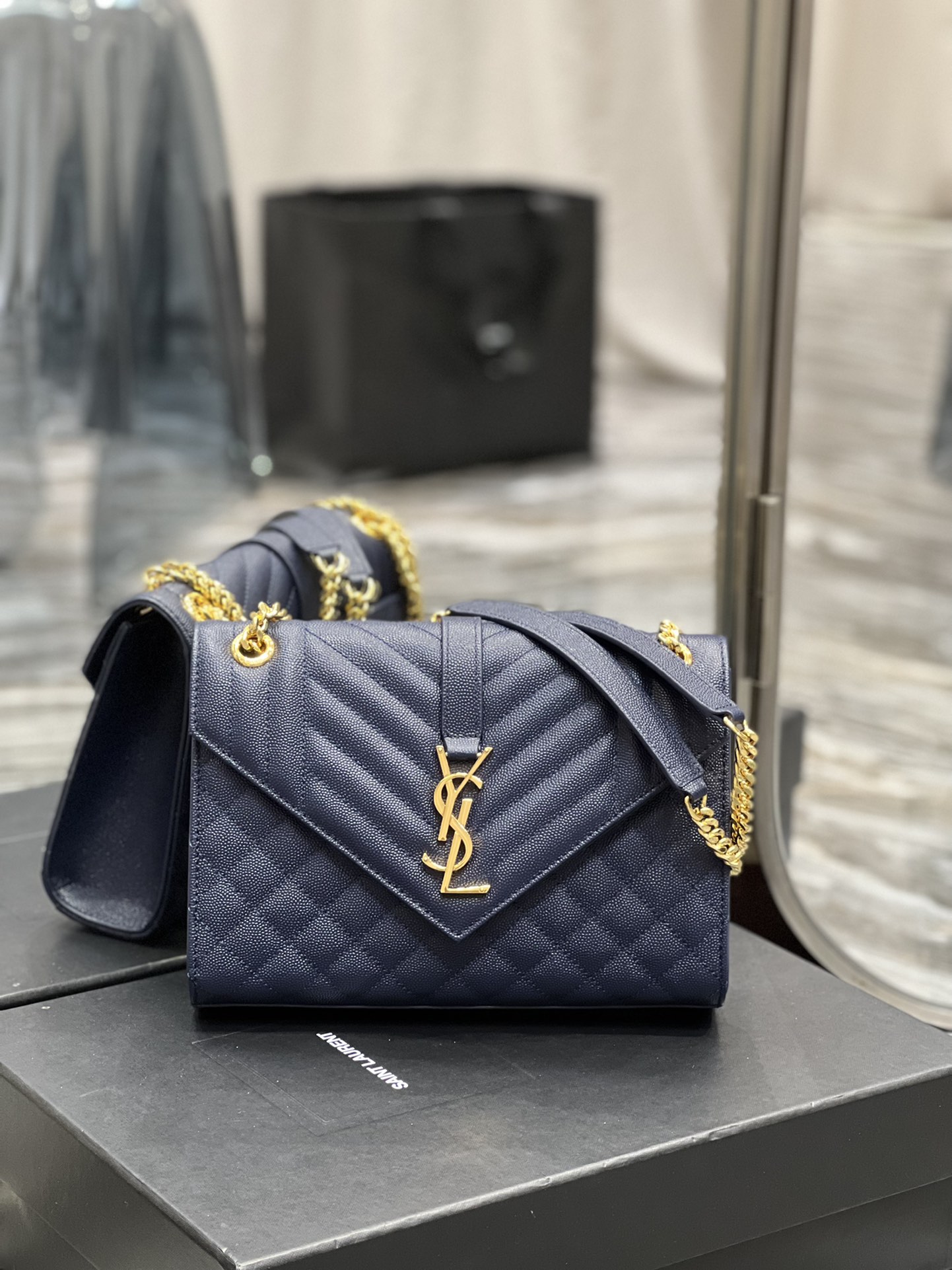 YSL Medium Envelope Bag in Navy Blue Quilted Leather